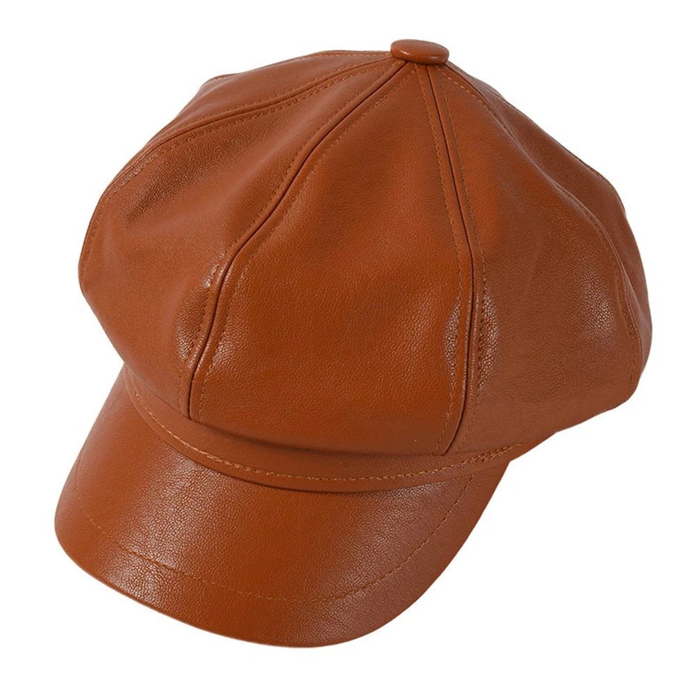 SHOWERSMILE Blue Leather Newsboy Cap Leather Vintage Hat for Women Solid Beret Ladies Brand Ivy Spitfire Cap