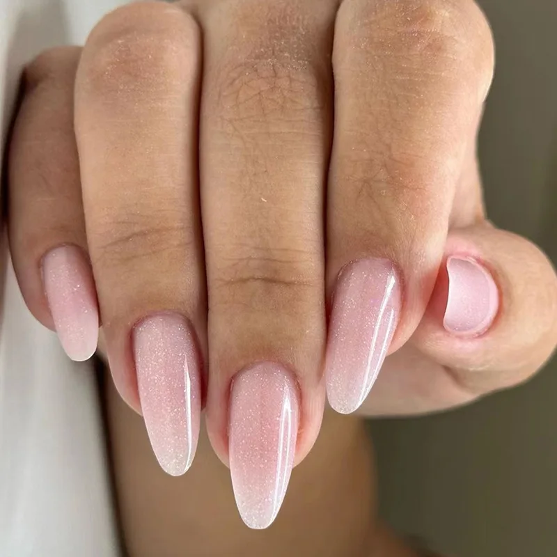 Einfache 24 Stück Glitzer-Rosa-Fälschungen mit Gelee-Kleber, runder Kopf, Mandel-Fälschungs-Maniküre, tragbar, vollständige Abdeckung, zum Aufdrücken_voghion.com