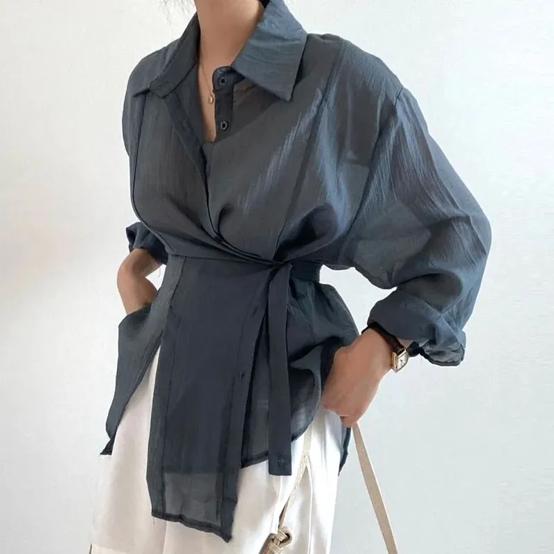 선 스크린 여성 셔츠 세련된 느슨한 긴 소매 블라우스 2024 패션 캐주얼 버튼 셔츠 탑 Office Lady Elegant Clothing 15674
