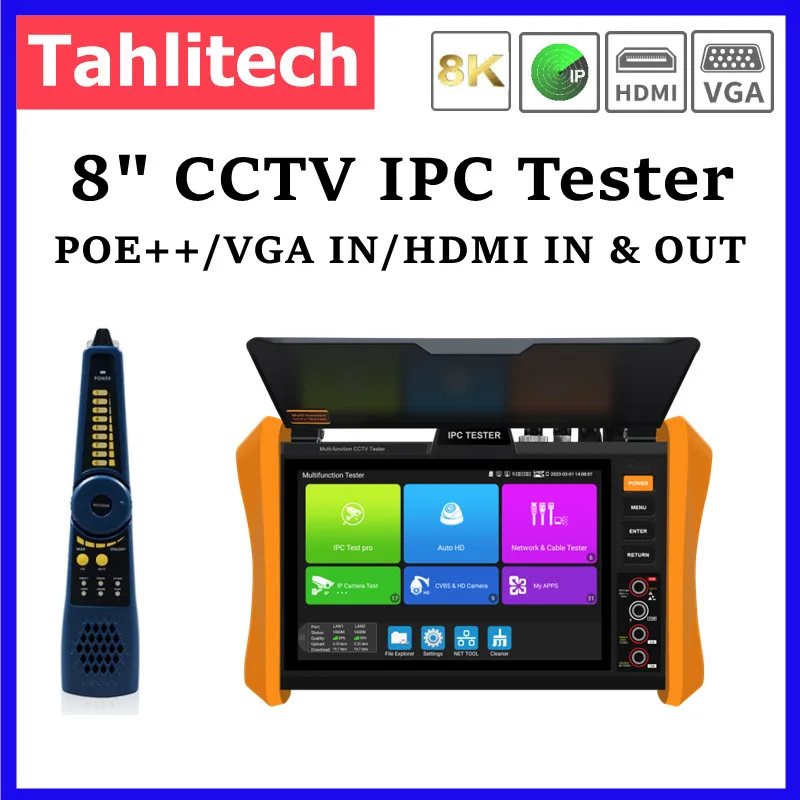 5-in-1 CCTV Tester 8K H.265 IP + 8MP TVI/CVI/AHD + Analog test + Digital cable tracer + Video level meter + VGA HDMI Input