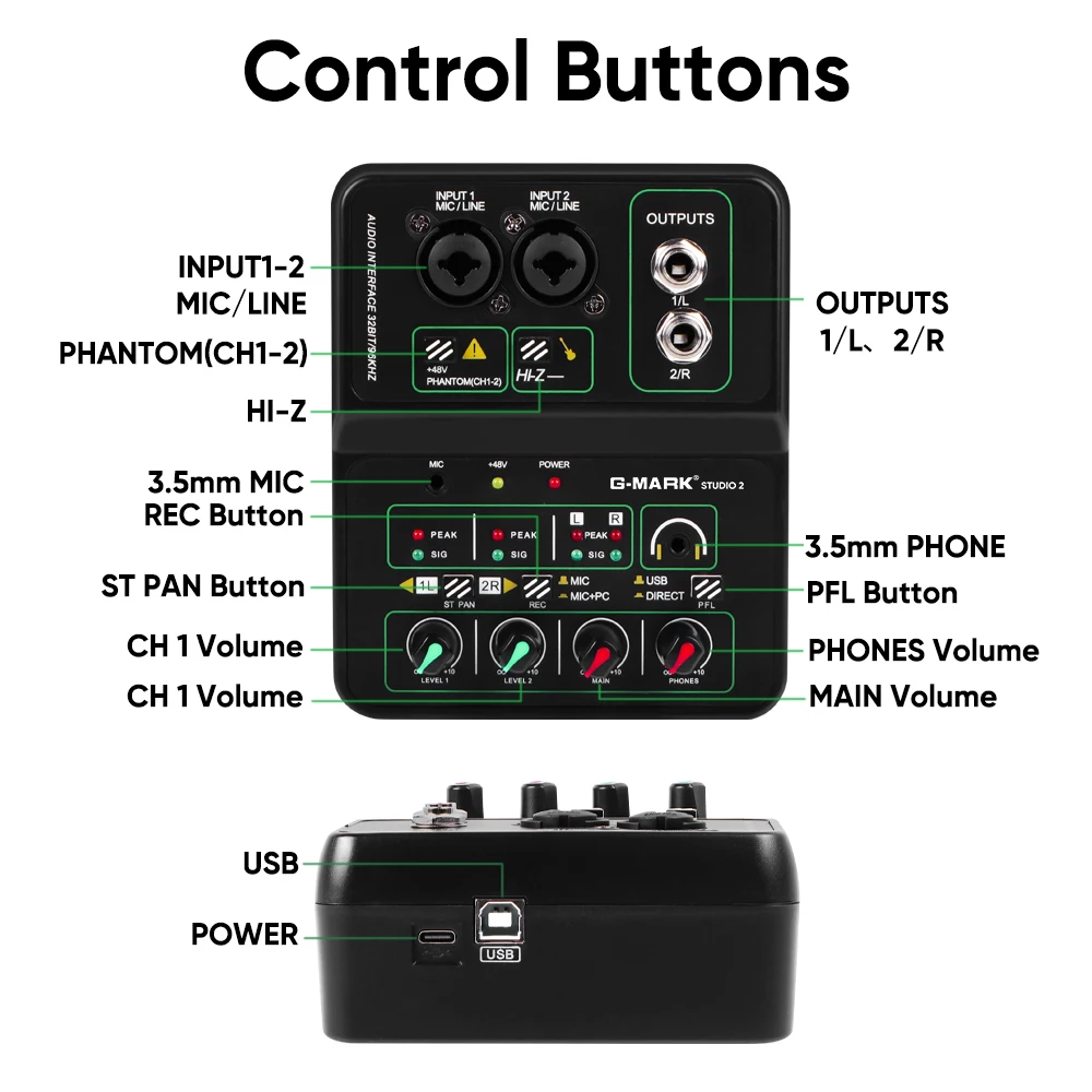 USB 믹서 G-MARK 오디오 믹싱 콘솔 2채널, 48V 32비트/96kHz 사운드 인터페이스, 라이브 레코딩 파티 DJ 스트리밍용