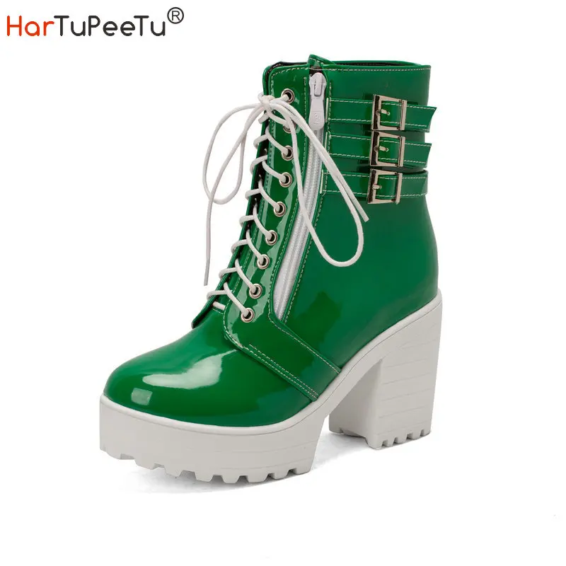 

6 Colours Ankle Boots Women Chunky Super High Heels Booties Golssy Patent Leather Lace Up Zipper Platform Shoes Big Size 43