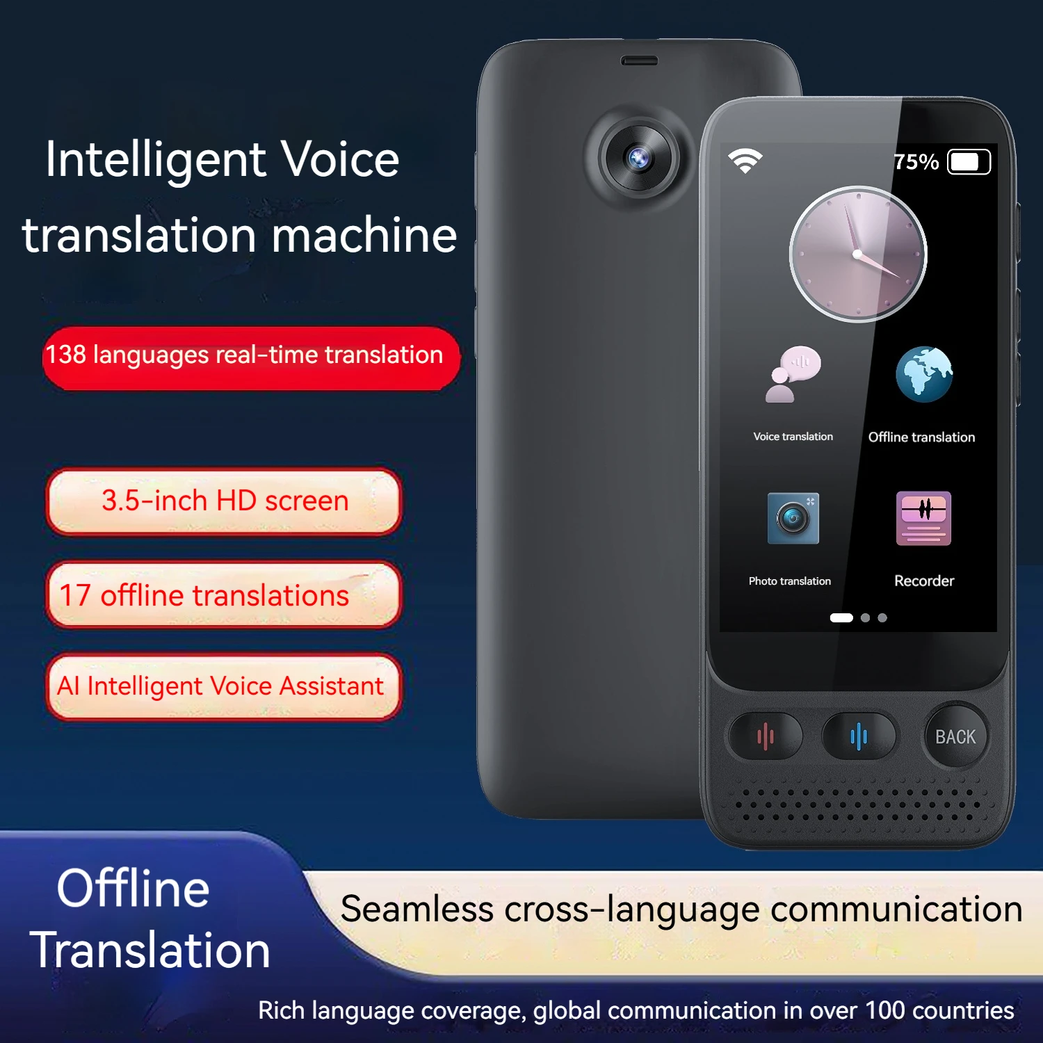 Real-time 138 Languages Translation 3.5 HD Screen 8MP Camera 19 Offline AI Voice Assistant Simultaneous Interpretation