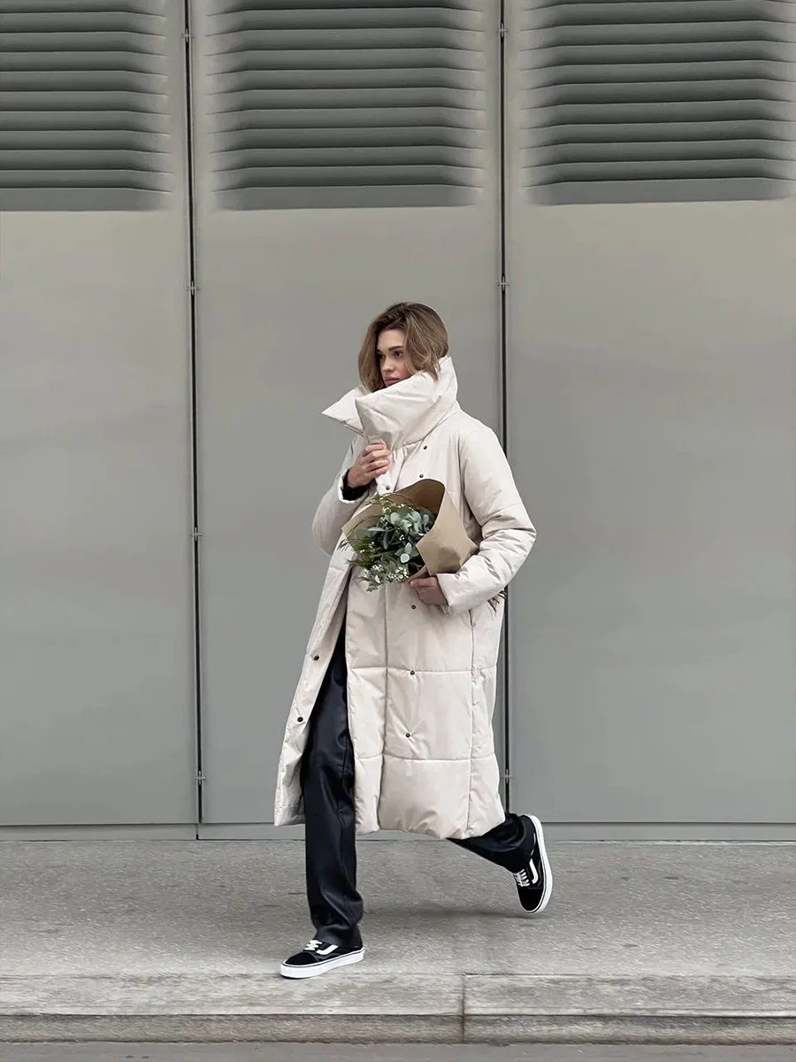Winter Female Parkas Outwear Loose Lace-Up High Waist Long Sleeve Pocket Lapel Bandage Coat For Women Solid Parkas