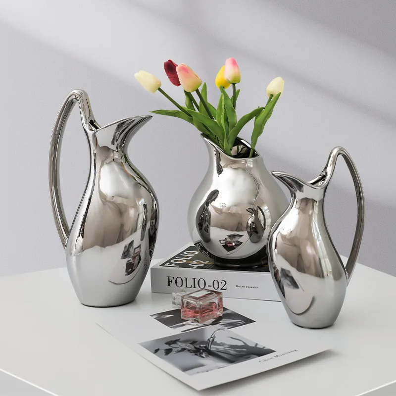 

Nordic Silver Ceramic Vase Dried Flower Ornaments Creative Electroplated Vase Kettle Shape Vases Living Room Decoration Gift