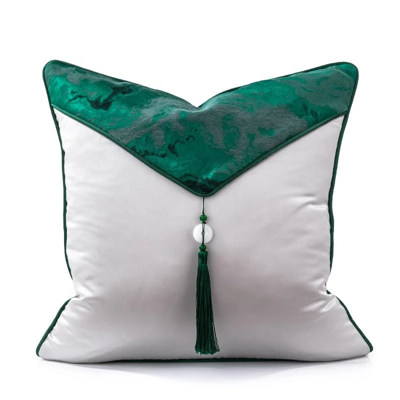 

Solid Gray Throw Pillow Covers Decorative Pillow Covers with Jade Pendant Green Tassels for Couch Bed Sofa 18x18 inch Grey