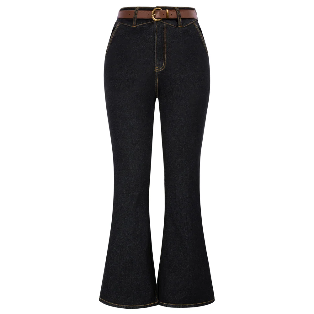 

BP Women Vintage Jean Bell-Bottoms With Belt High Waist Flared Pants Trousers High Street Zip Up Jeans Straight Pants