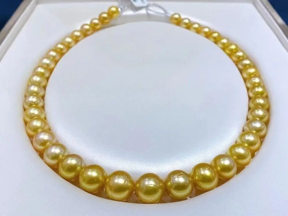 

Huge AAA 10-11mm Round Natural South Sea Genuine Golden Pearl Necklace 18"