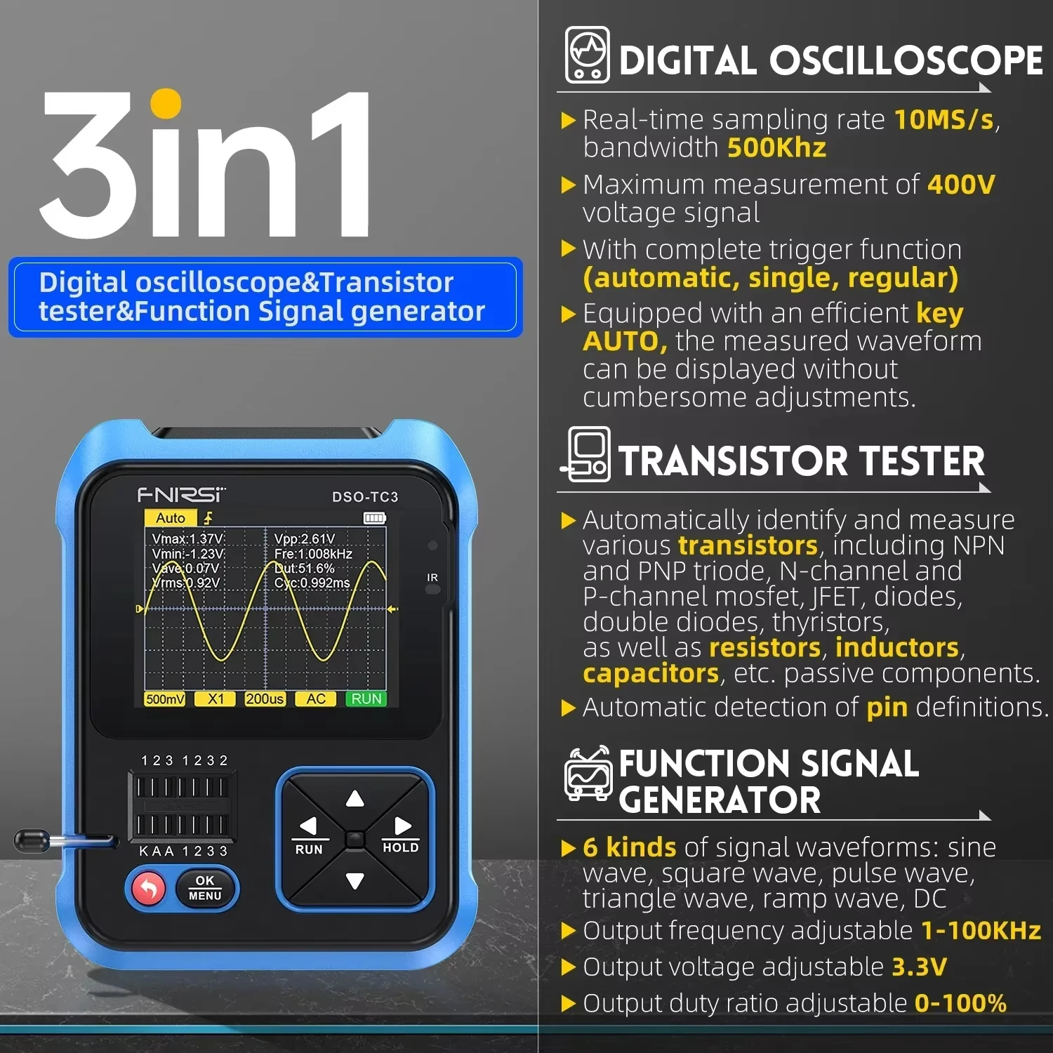 Digital Multimeter Oscilloscope Transistor Tester Signal Generator FNIRSI DSO TC3 3 in 1 Multifunction Electronic Component Tester