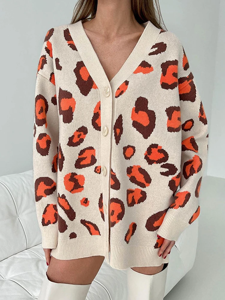 Leopard Print Green Cardigan Women Autumn Winter Thick Warm