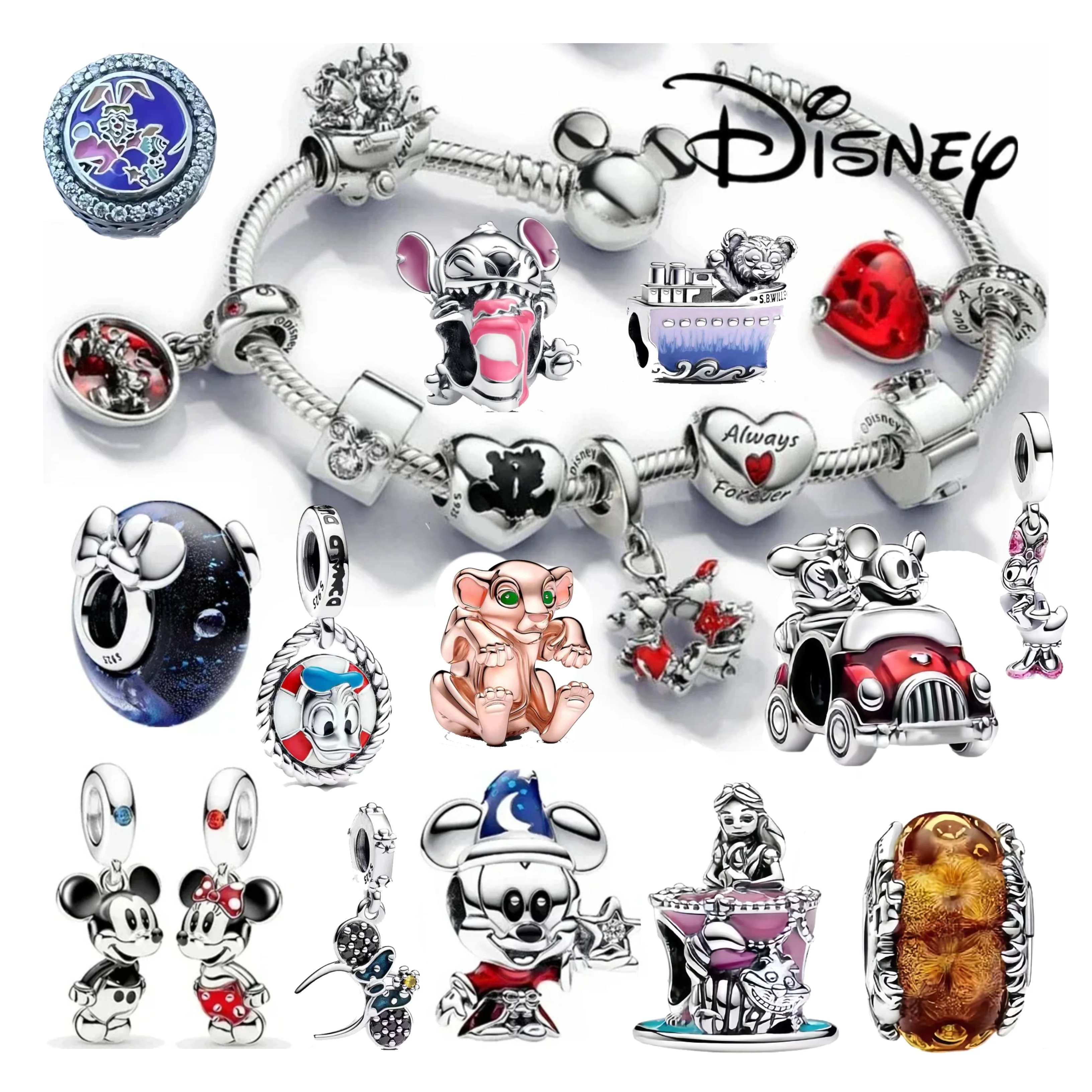 Фото Подвеска в виде торта на день рождения MINISO Disney, подходящая для браслетов Pandora, серебряные бусины 925 стандарта №1
