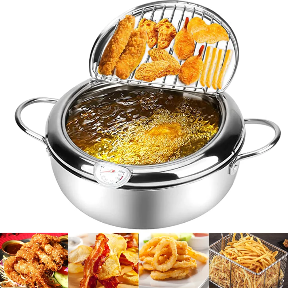 Japanese Deep Fryer With Thermometer and Lid 304 Stainless Steel Kitchen Tempura Fryer Pan Fryer Without Oil Frying Pan Fryer 2