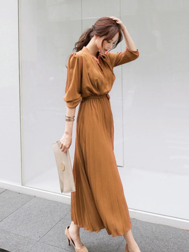 

Women's Dress Fashion New Spring Summer Temperament Pleated Mid-calf Skirt Harem Korean Vintage Lace Up Elegant Party Dresses