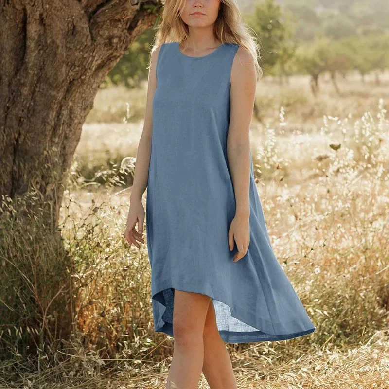 

100% Linen Summer Dress Sleeveless Solid Back Button Birthday Party Boho Dresses Casual Beach Sundress Female Robes Hoilday Trip