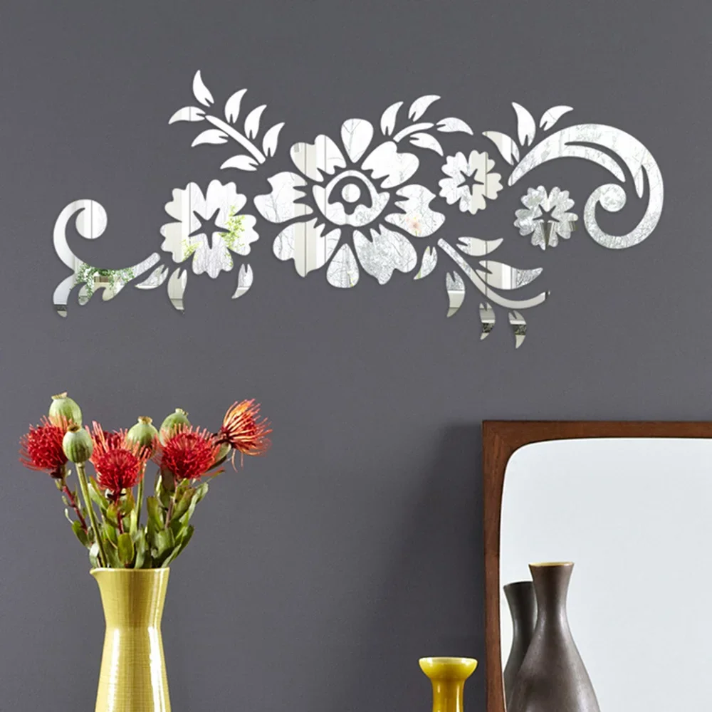 Acrylic Mirrored Rose Vine Flower 3D Stickers for Home Wall Mural Stickers Decals Bedroom Living Room Modern Home Decoration