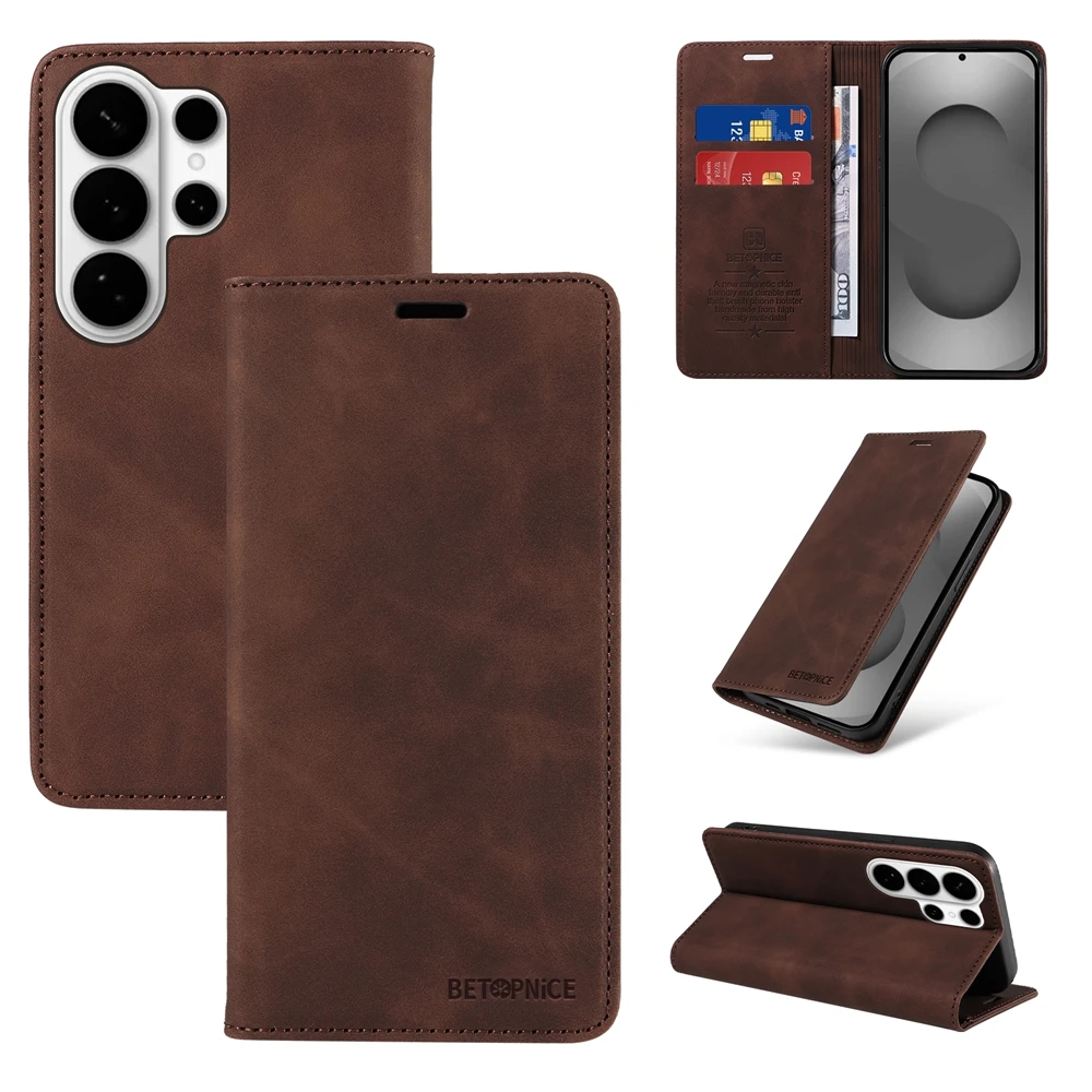 Premium Magnetic Leather Flip Wallet Case with Kickstand - Classic Business Design
