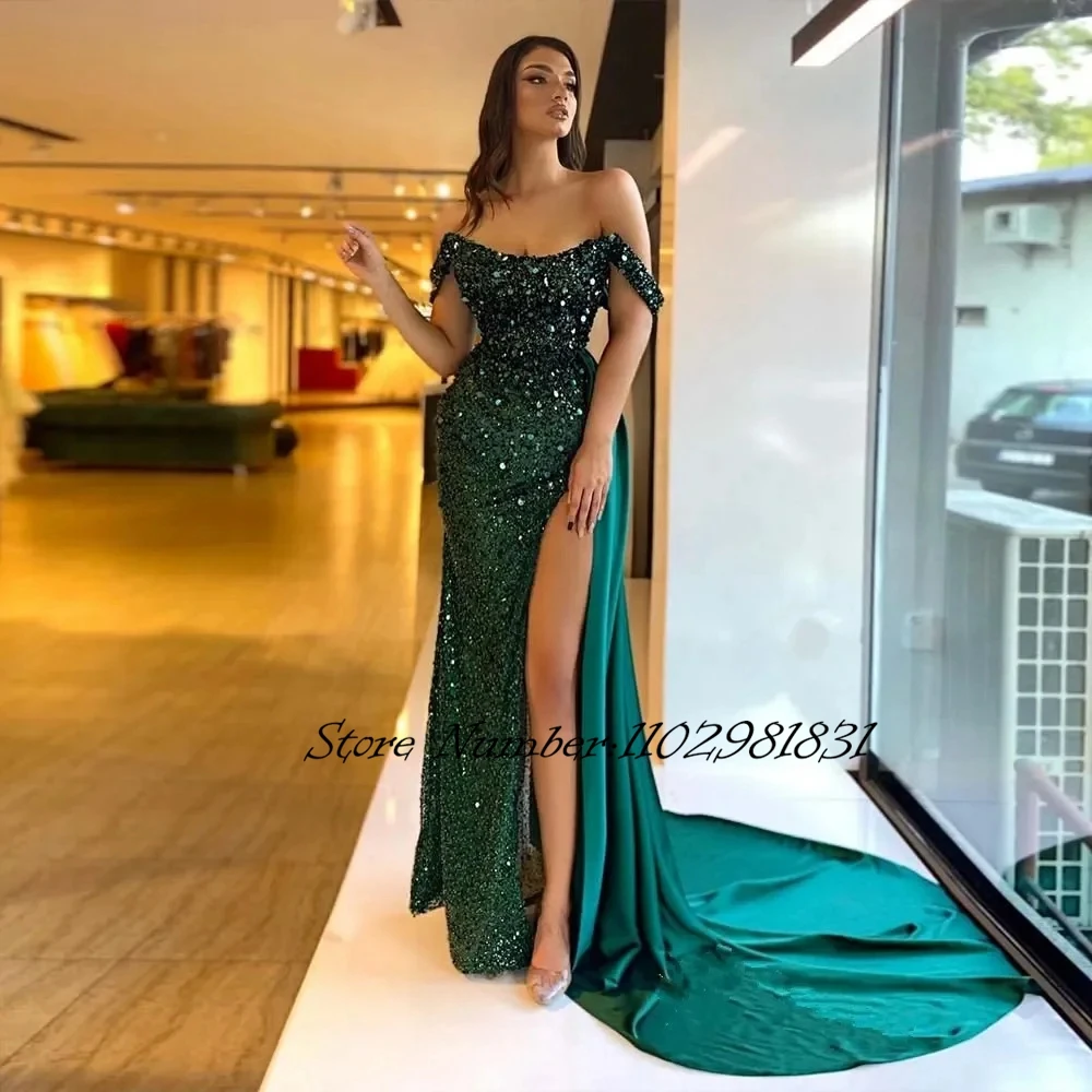 

Green Glitter Evening Dresses Boat Neck Mermaid Sequin Party Ball Wedding formal occasion evening gown custom ladies