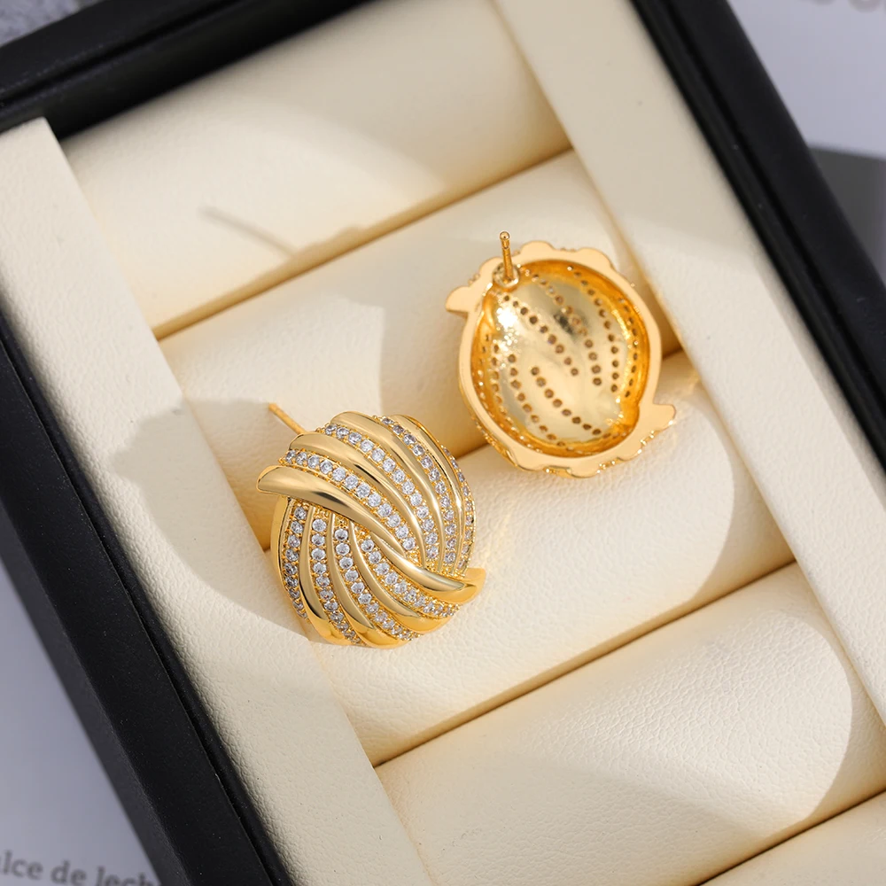 Unusual Spiral Geometric 18K Gold Plated Stud Earrings for Women Inlay Shining Zircon Wing Knot Shape Ear Studs Vintage Jewelry