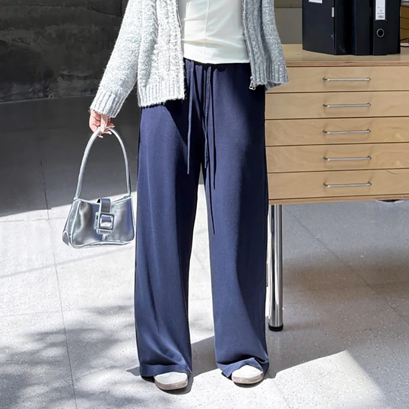 Fashion Plus Size Women's Wide Leg Pants Soft Premium double-layer Drawstring Waist Casual Navy Blue Trousers Autumn
