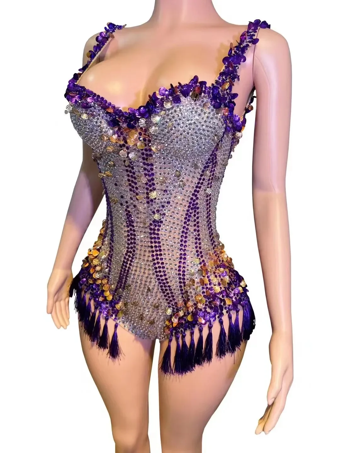 Sparkly Rhinestones Sequins Tassels V Neck Bodysuit Women Sexy Performance Dance Costume Nightclub Singer Dancer Stage Wear dance dress rhinestones dress women costume set sexy evening dress