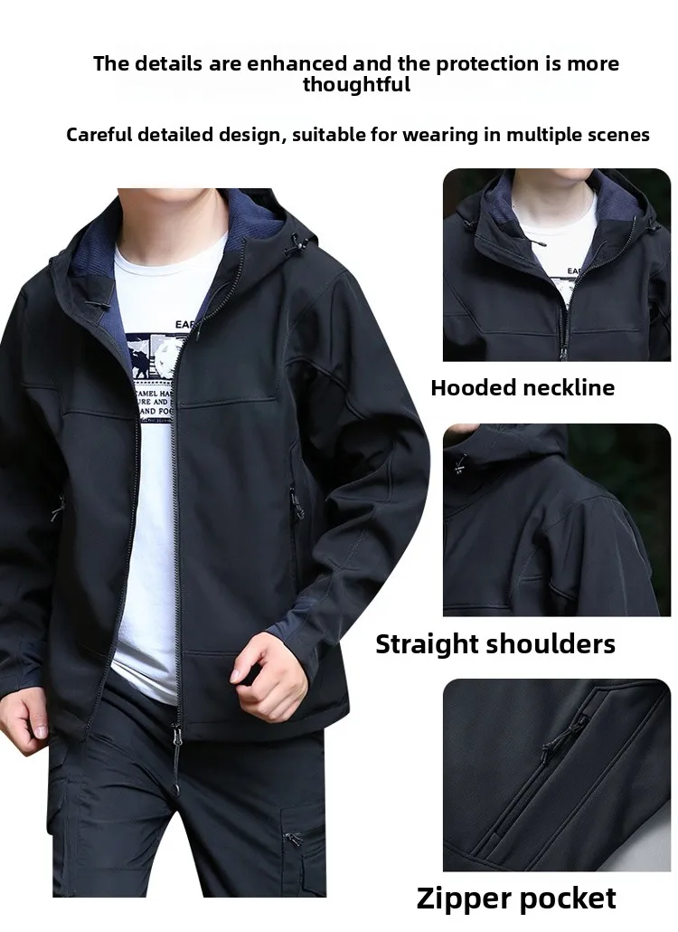 Men's Autumn Jacket Outdoor Waterproof Windbreaker Hooded Softshell Fleece Lined Tactical Coat for Hiking Camping Mountaineering
