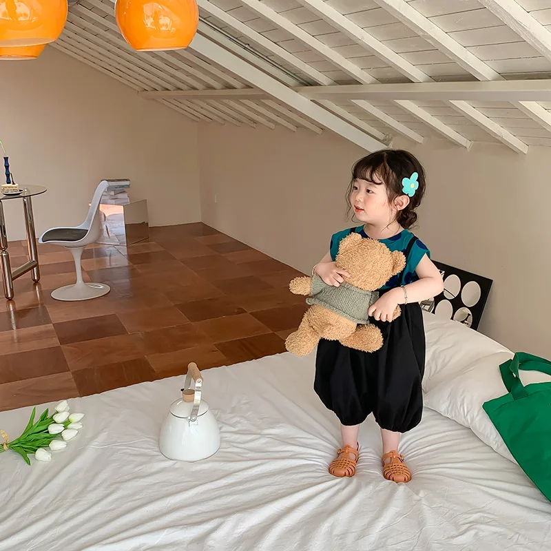 2025 Summer New Korean Baby Girls Solid Versatile Suspender Pants Children Loose Casual Overalls Kids Toddler Lantern Trousers