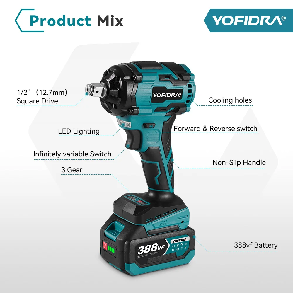 1000N.M Brushless Electric Impact Wrench Cordless Electric Wrench 1/2 inch Screwdriver Socket Power Tools for Makita 18V Battery 6
