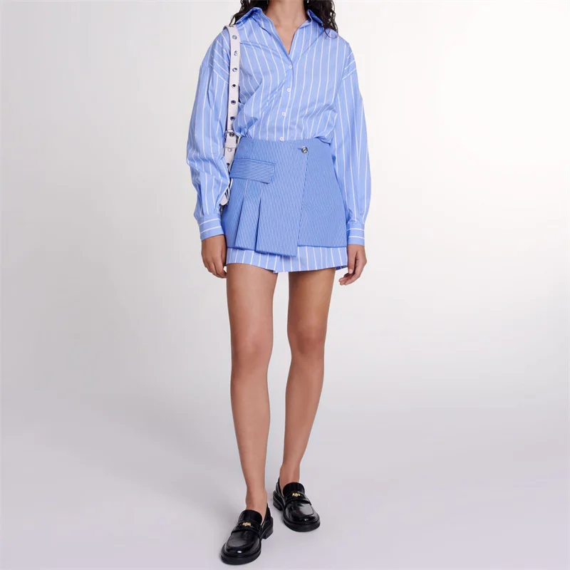 

Модные летние платья, новинка 2024, платье-рубашка в полоску с принтом, съемная поддельная двухкомпонентная комбинированная мини-юбка, хлопковые короткие платья