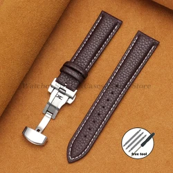Luxurious Calfskin Litchi Leather Watch Band with Butterfly Buckle - Elegant Strap - 22mm (Brown White)