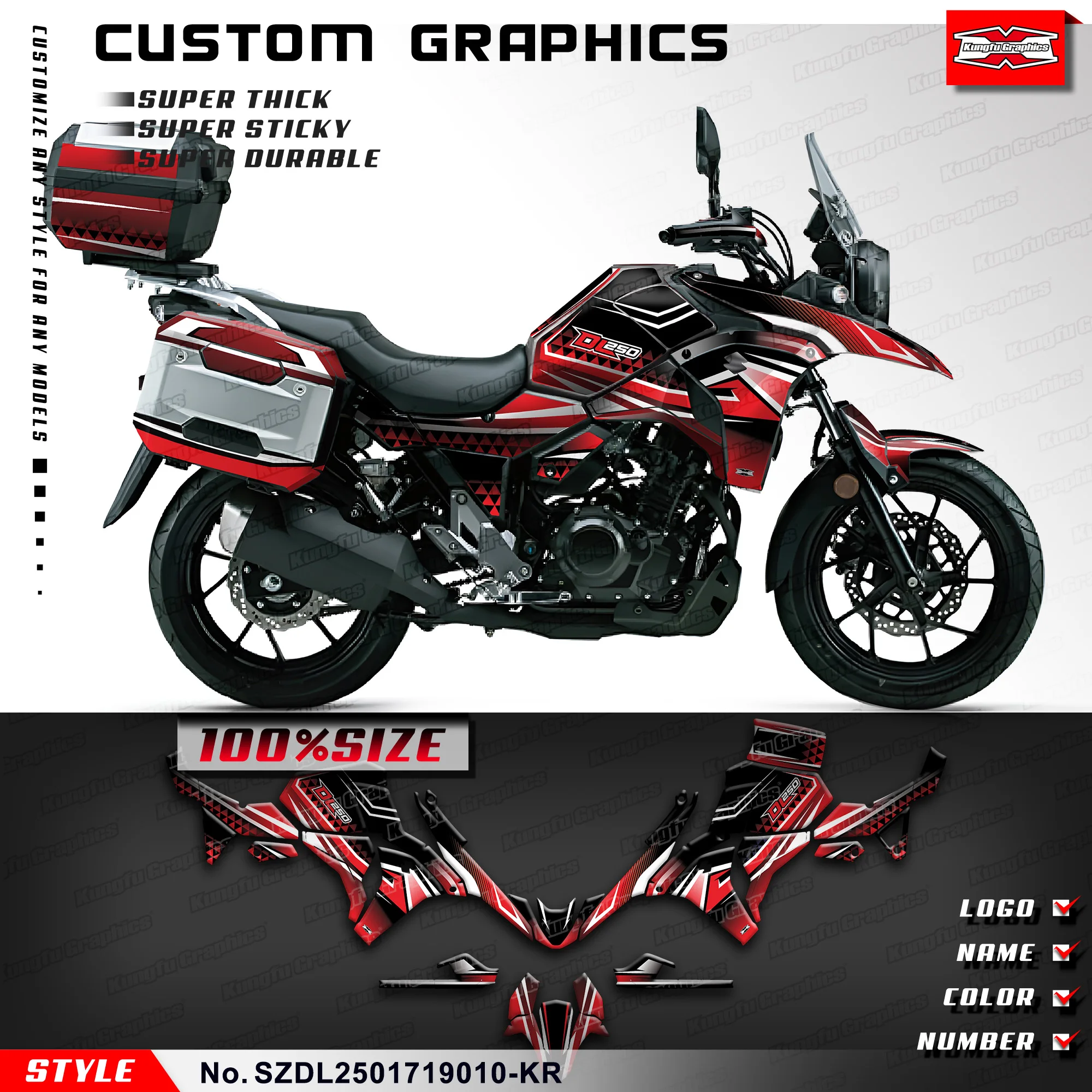 

KUNGFU, графика мотоцикла, Виниловая наклейка для Suzuki DL250 V-открытый 2017 2018, SZDL2501719010-KR