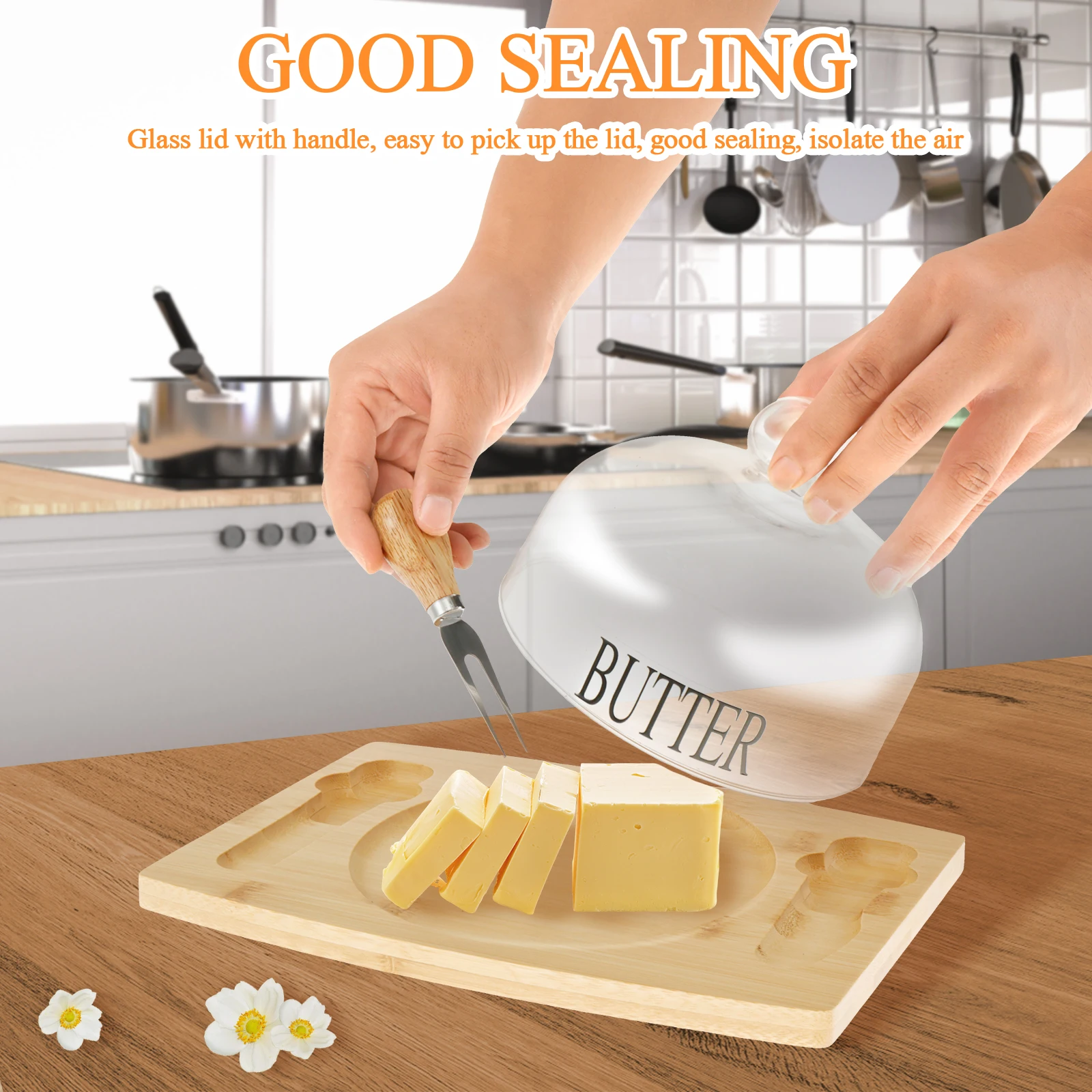 Butter Dish with Lid Knife Clear Glass Butter Dish Airtight Keeper Grip Handle Container Easy to Clean Tray