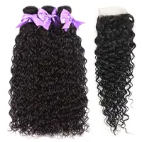 Paquets malaisiens de vague d'eau avec fermeture paquets de cheveux humains bouclés humides et ondulés avec fermeture frontale Extensions de tissage de cheveux Remy 2