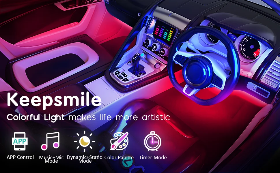 Keepsmile Interior Ambient Foot Neon Lights APP Control with Remote Music Sync Color Change Car Decoration Lamp With Car Charger