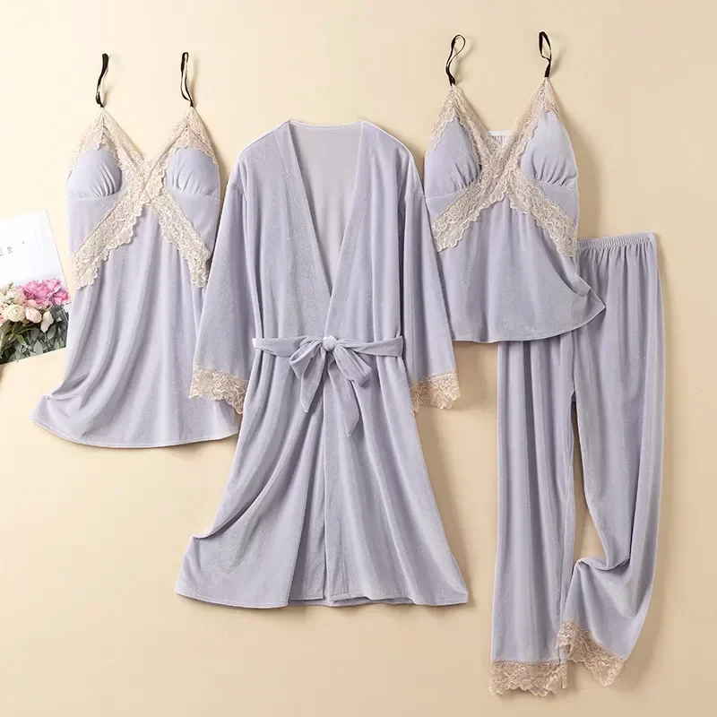 

Women Velour Lingerie Sleepwear Sleep Robe Velvet Bathrobe Set Four Lace Piece Pijamas Pajamas Autumn Winter Suit Nightgown