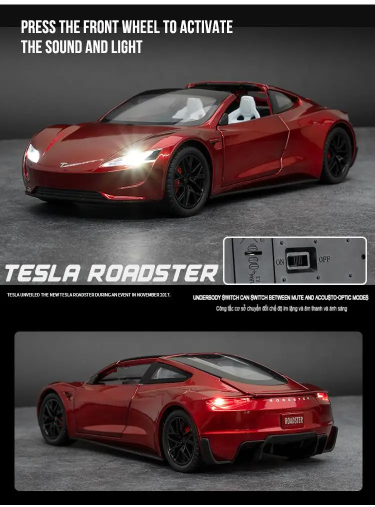Red Sport Car 1:24 Tesla Roadster Alloy Vehicle Kids Toy Car Model