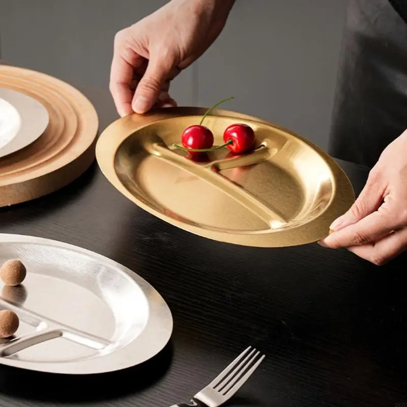 28TC Stainless Steels Dessert Appetizer Plate Stackable 3 Compartment Plates Kitchen Dinnerware Portion Plates Enduring