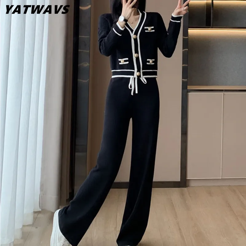 

Fashion Women Sets New Hit Color V-Neck Knitted Cardigan Sweater Coat + Wide Leg Pants Casual Sweet Two Piece Suit Plaid Suit
