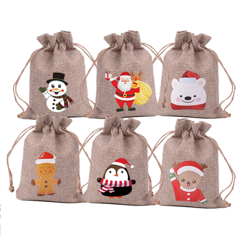 

36pc Christmas Linen Bags With Drawstring Burlap Bonbon Candies Goody Gift Pouch Snowman Santa Claus Penguin and El 10 * 15 CM