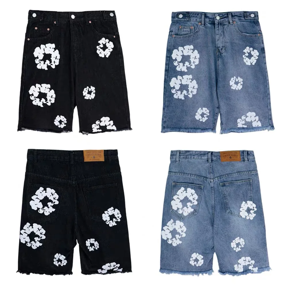 American high street denim shorts men and women summer couples out casual shorts high quality printed shorts trendy brand