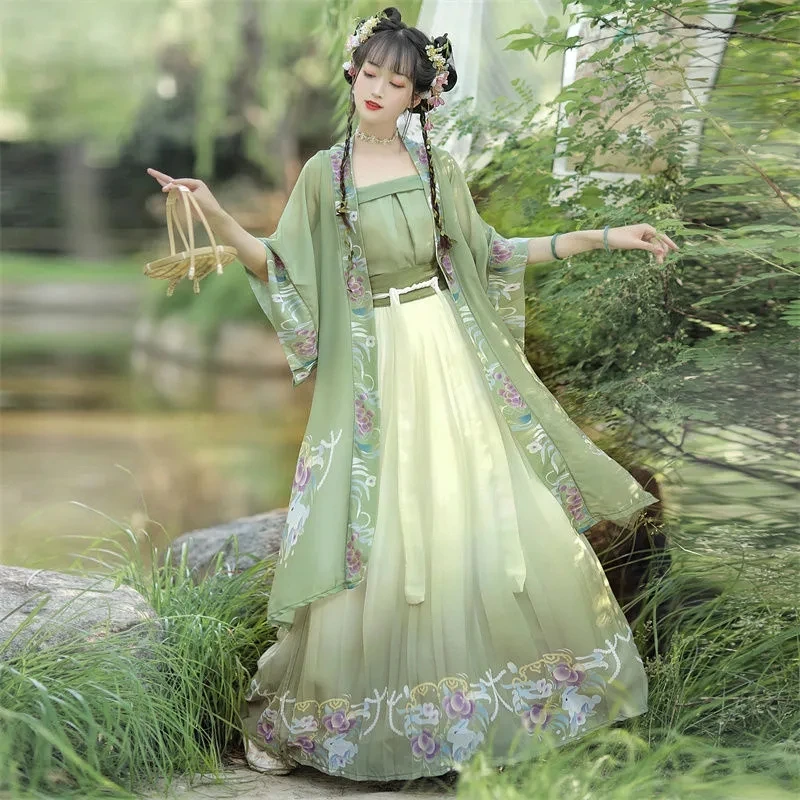 Традиционный костюм ханьфу для женщин, элегантная танцевальная одежда, плиссированная юбка, костюм ханьфу, банкет на день рождения, оригинальный принт, весна-лето
