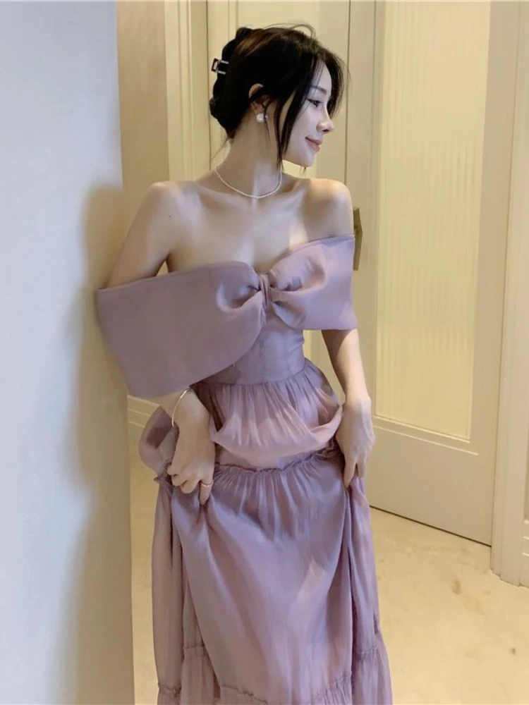 

Korea Harajuku Goddess Purple Dress Vintage Woman Big Bow Slash Neck Strapless Prom Dress Sexy Strapless Midi Dress Female Y2K