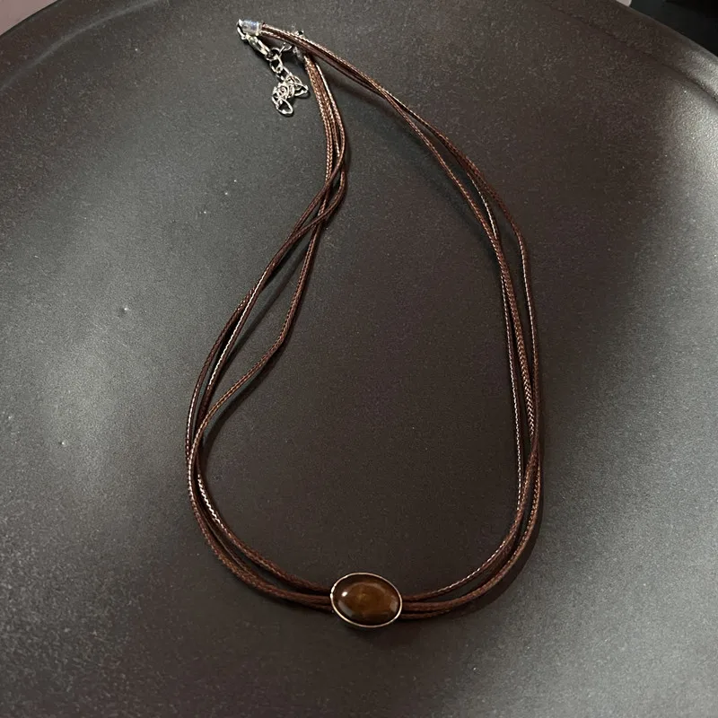 Vintage Leather Brown Stone Pendant Necklace