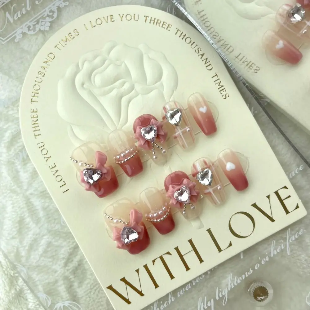 10 Pezzi Rosa Linee Bianche Love Bow Unghie Fatte A Mano Copertura Completa Xs S M L Catena Di Perle Unghie Finte Con Cassetta Degli Attrezzi Con Stra