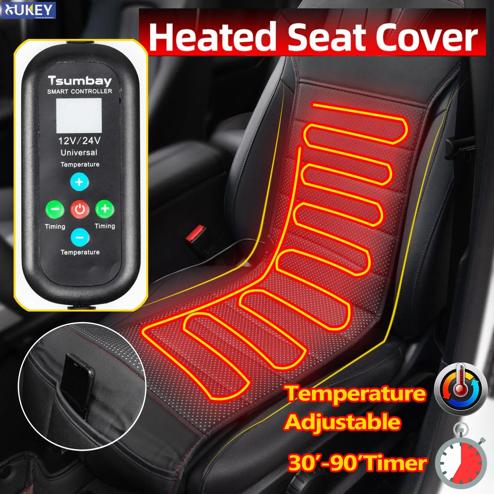 PU Leather Heated Car Seat Cover Cushion W/ Integrated Remote 12V 24V