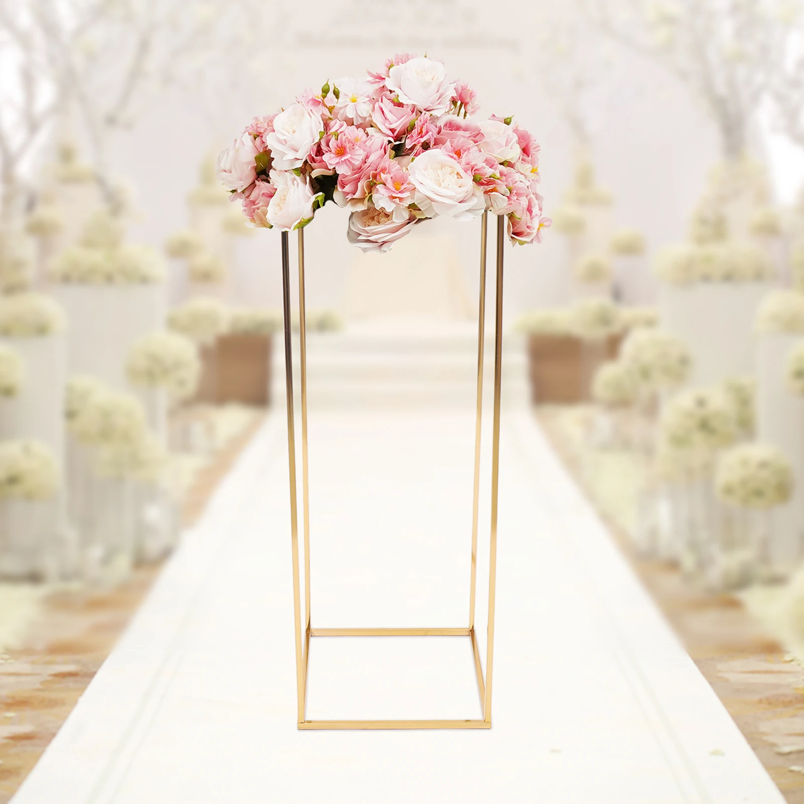 Golden Wedding Column Flower Stand 29*29*80cm Flower Floor Stand For Arrangement Wedding Party Dinner Centerpiece
