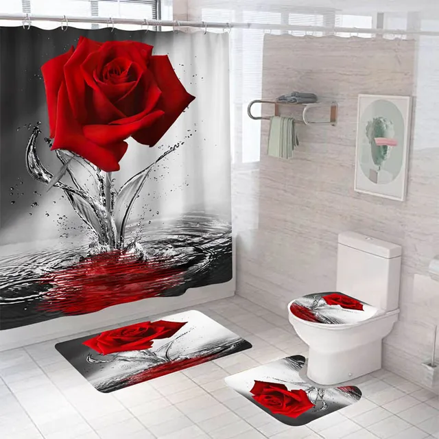Rose Flower Shower Curtain Set Non-Slip Rugs Bath Mat Toilet Lid Cover and 12 Hooks Waterproof Polyester Bathroom Decor A-4pcs- Full Set