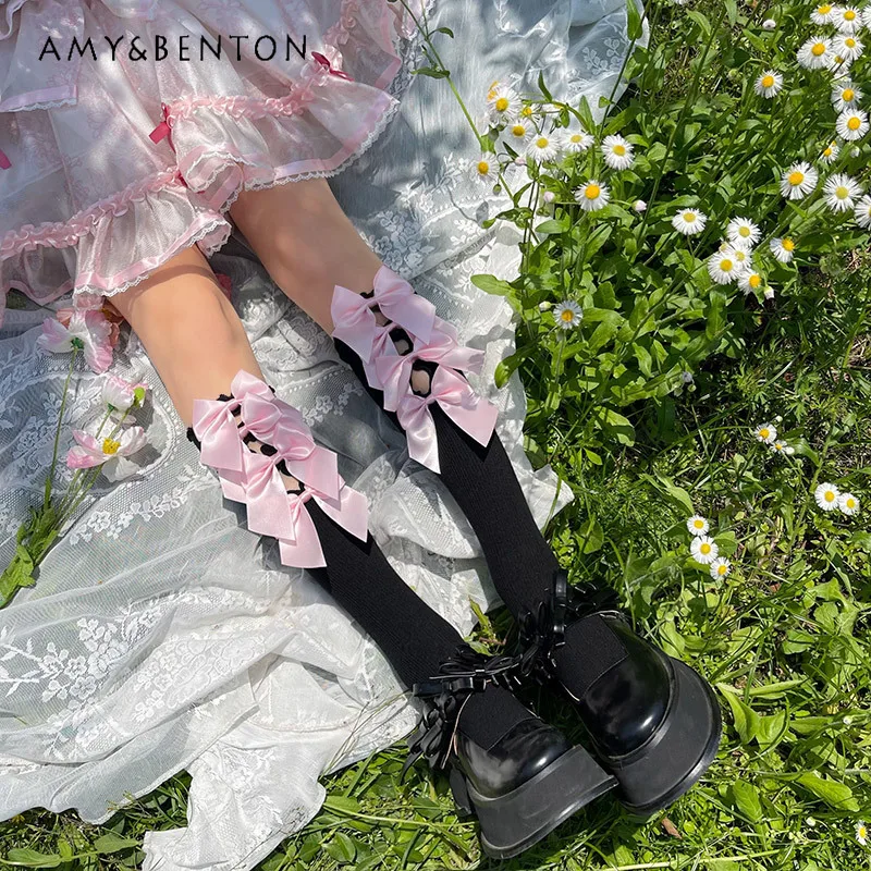 

Japanese Summer New Sweet Bow Hollow-out Wooden Ear Tube Socks Lolita Girl Calf Socks Lace White Cute Socks Women Bunching Socks
