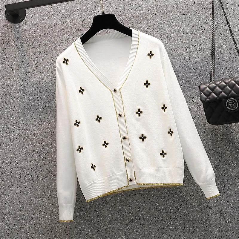 thumbnail image 1 of Suéter mujer 2024 Suéter elegante para mujer y cárdigans con botones y cuentas de perlas Chaqueta de punto formal blanca y negra jersey mujer, 1 of 5