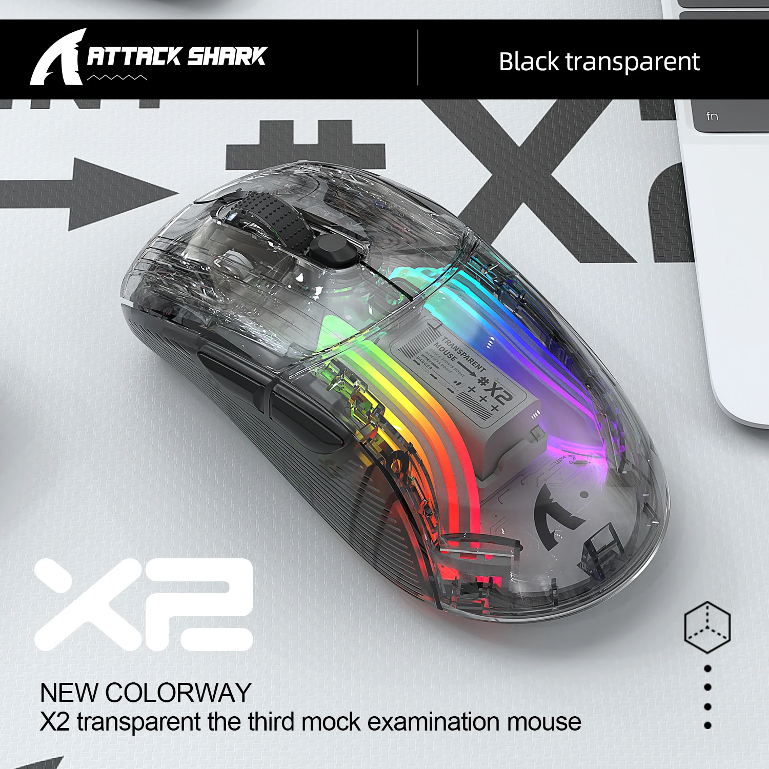 עכבר משחק אלחוטי שקט Attack Shark X2 X2Pro, Bluetooth 2.4G מחובר בטרי-מוד, RGB, שקוף, תחנת טעינה מגנטית