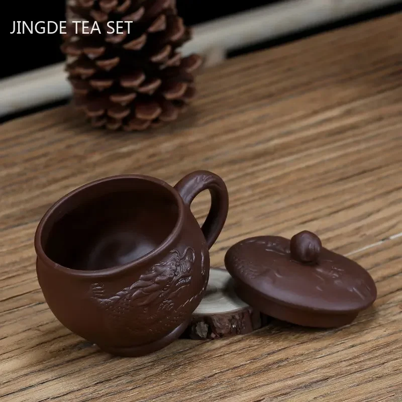 Yixing Purple Clay with Handle Teacup Handmade Dragon Pattern Master Cup Office Portable Tea Cup Tea Maker Personal Single Cups
